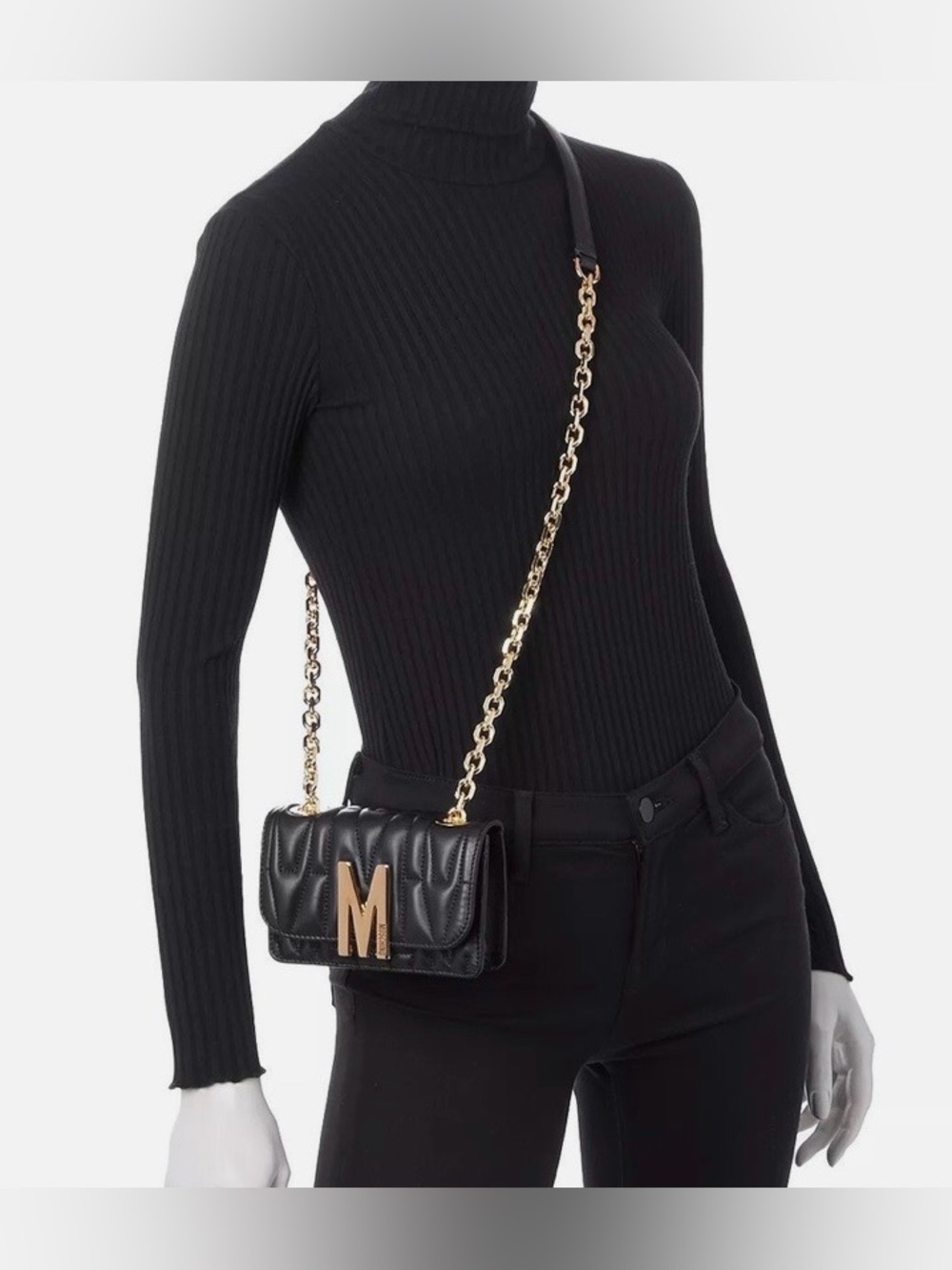 Authentic Moschino Black Quilted Leather Crossbody with Gold 'M' Logo and Chain - Picture 9 of 9